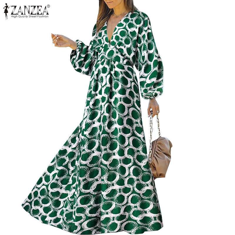Đầm Zanzea tay dài cổ chữ V phong cách Châu Âu thanh lịch cho nữ