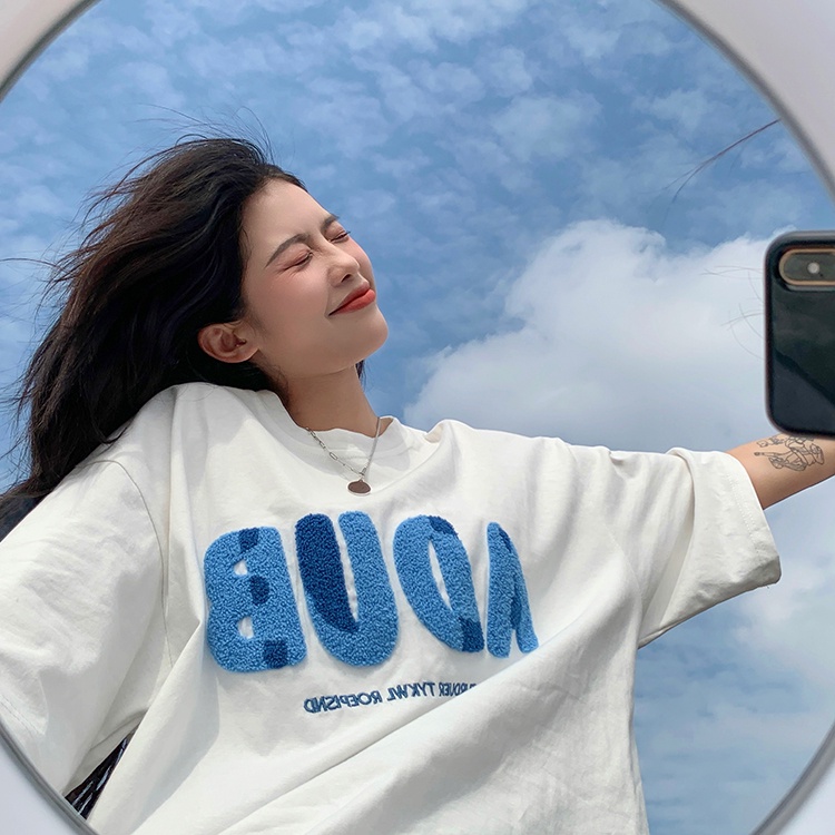 Porozi Áo thun  cổ tròn thêu chữ phong cách Hàn Quốc cho nữ