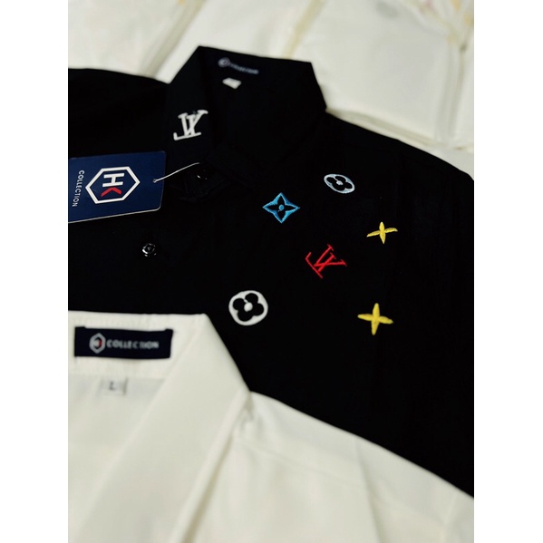 Áo sơ mi nam nữ 3D tay ngắn thêu họa tiết LV, phong cách thời trang chất vải lụa kate mềm mát