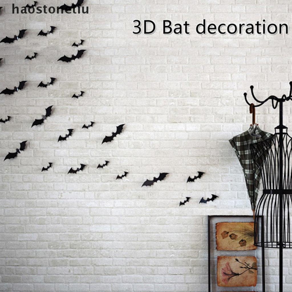 Set 12 Sticker Dán Tường Hình Dơi 3D Màu Đen Trang Trí Halloween