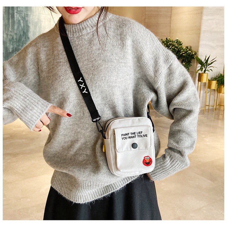 Túi đeo chéo vai bằng vải canvas thêu họa tiết hoạt hình Sesame Street phong cách Hàn Quốc thời trang cho nữ