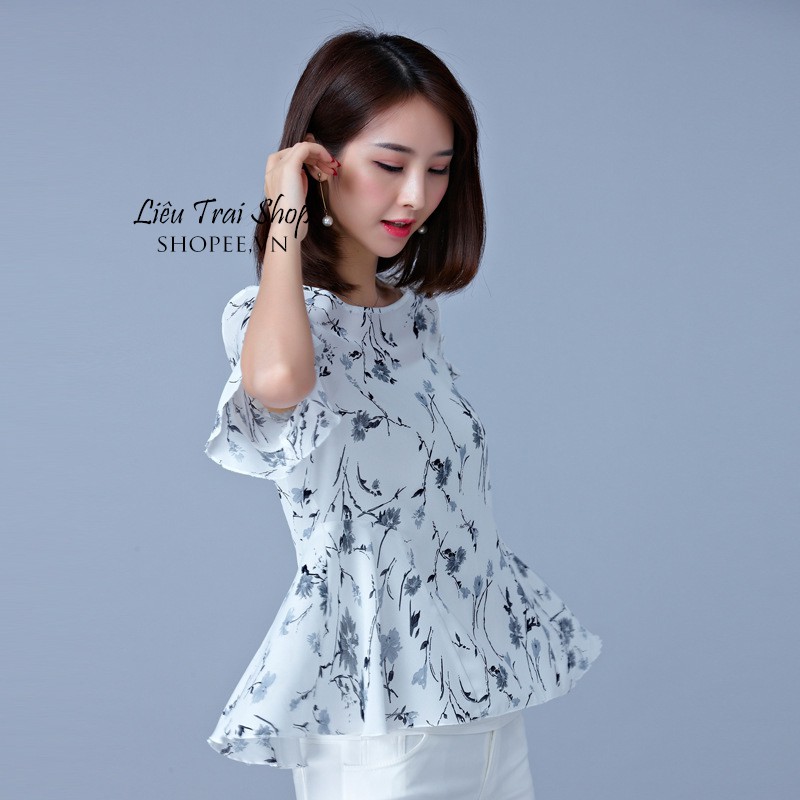 Hàng Nhập_Áo hoa voan nữ tay bèo che bụng áo peplum