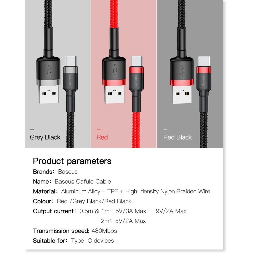 Cáp Sạc Nhanh Type-C Baseus CATKLF Sạc Nhanh 3A Q.C 3.0, Data Cho Samsung/Xiaomi/Huawei/Oppo, Dây Bọc Dù - TopLink