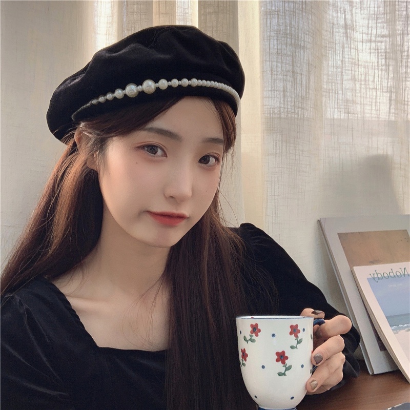 Mũ Beret Nhung Đính Ngọc Trai Thời Trang Thu Đông Hàn Quốc Cho Nữ
