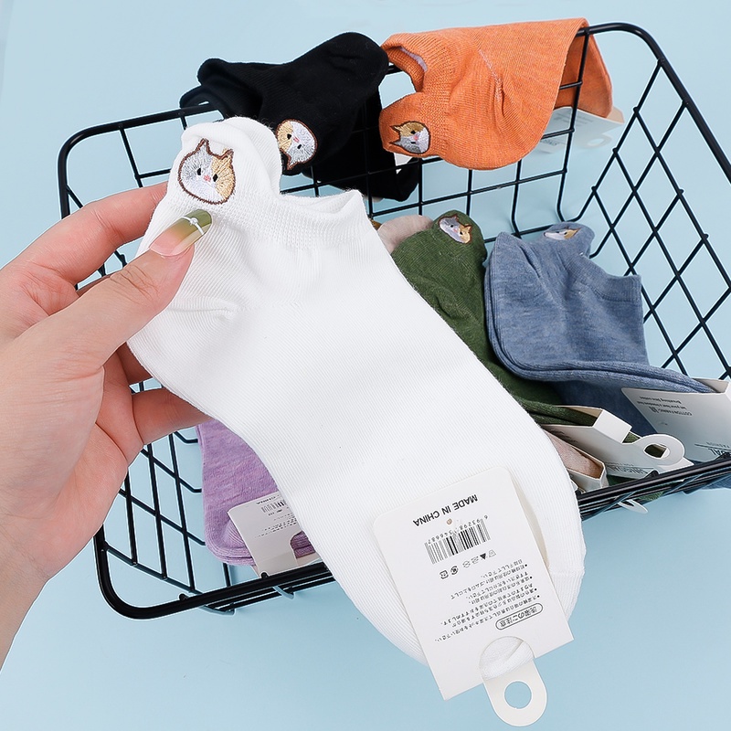 1 Đôi Vớ Cotton Cổ Thấp Mềm Mại Thấm Hút Mồ Hôi Thoáng Khí In Hình Mèo Dễ Thương Cho Nữ