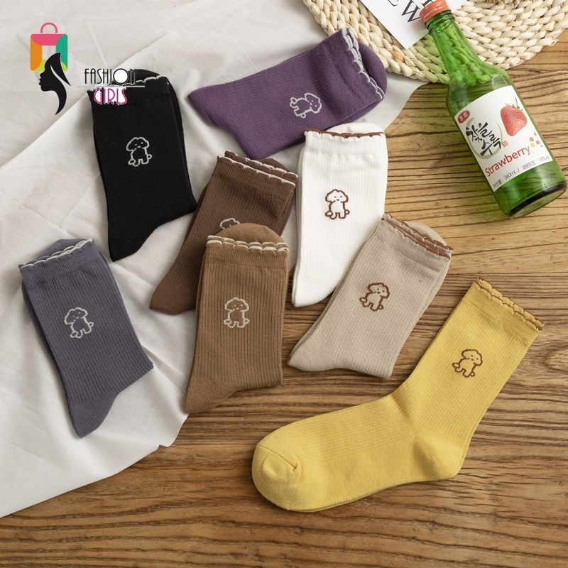 Đôi vớ cotton màu trơn in hình chú chó dễ thương dành cho bạn nữ