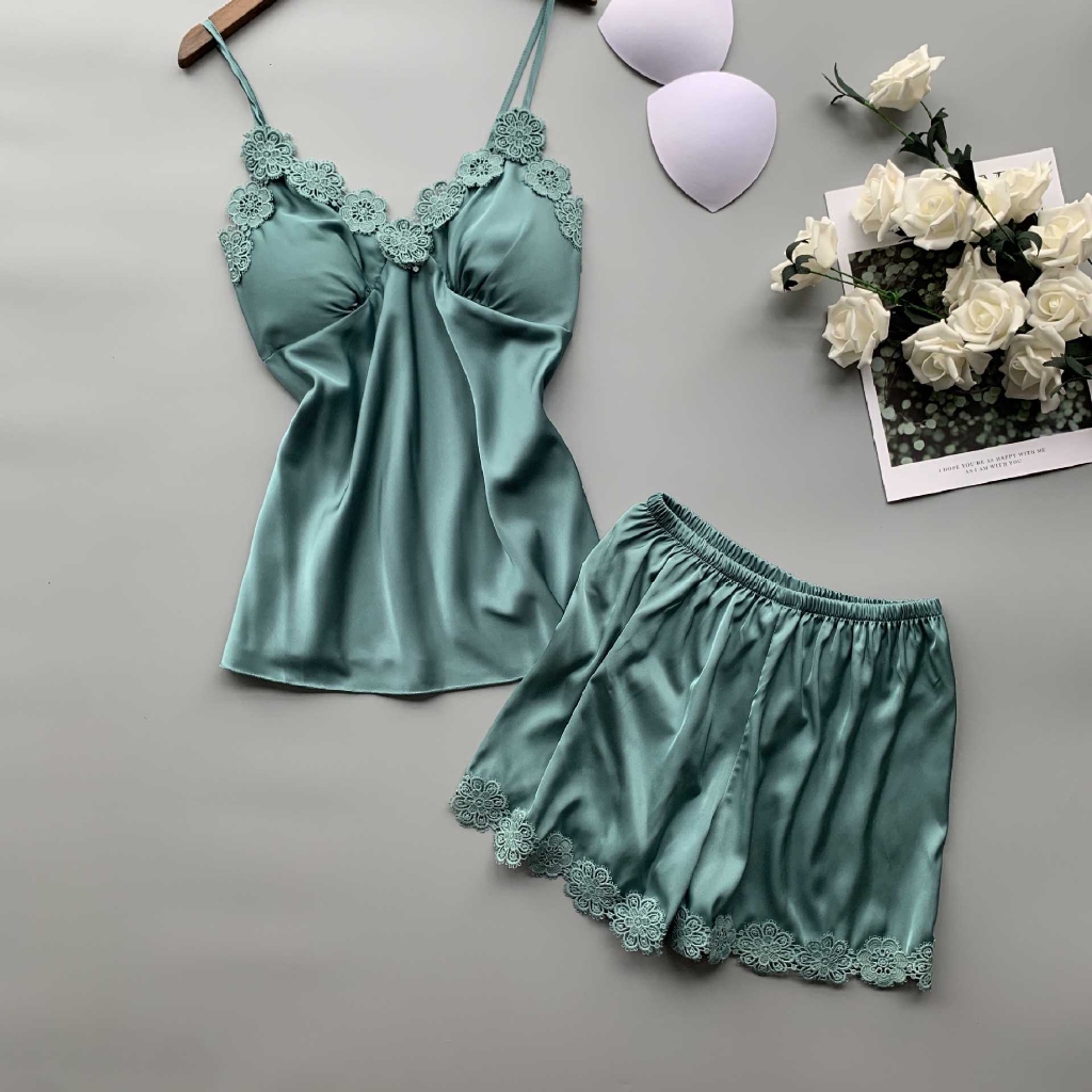 Set Đồ Ngủ Vải Lụa Viền Ren Quyến Rũ Dành Cho Nữ