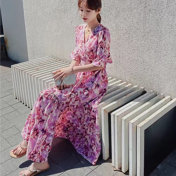 Đầm Hoa Cổ Chữ V Thời Trang Mùa Hè Hàn Quốc Dành Cho Nữ