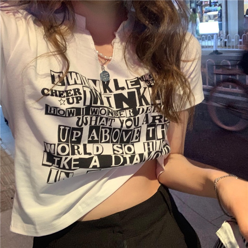 Áo Croptop Tay Ngắn Cổ Chữ V Dáng Ôm In Chữ Thời Trang Cho Nữ