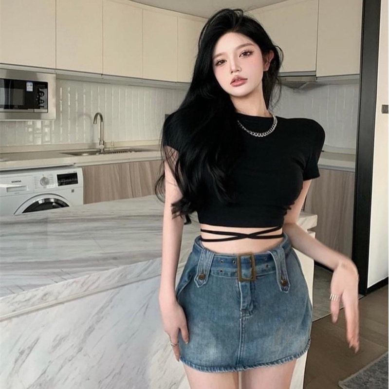 Áo croptop nữ có đệm ngực tay ngắn kiểu đan dây hở lưng chất vải thun 4 chiều
