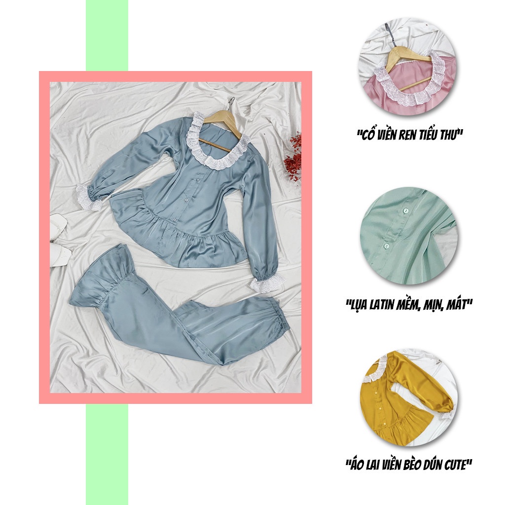 Đồ bộ mặc nhà SBORG bộ pijama lụa latin tay dài viền ren tiểu thư dễ thương quần dài có túi bigsize 45-60kg quà tặng vợ