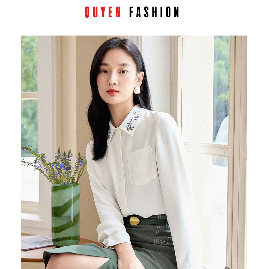 Áo sơ mi công sở thêu hoa cổ đính hạt thanh lịch QUYÊN FASHION SMT017, màu trắng kiểu hàn quốc túi ngực