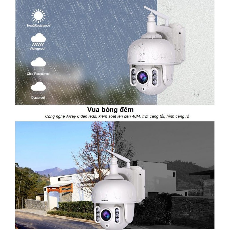Camera IP WIFI Srihome SH028 3MP xoay 360 độ zoom quang học 5X chống nước chống bụi