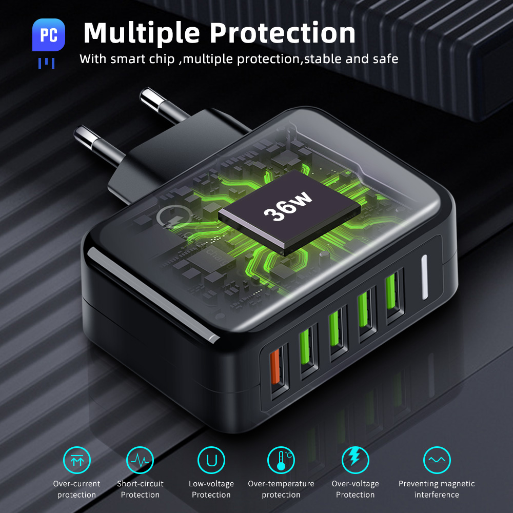 Củ Sạc Nhanh Twitch 5 Cổng USB 36w 3.0 Cho Điện Thoại Android Xiaomi Samsung