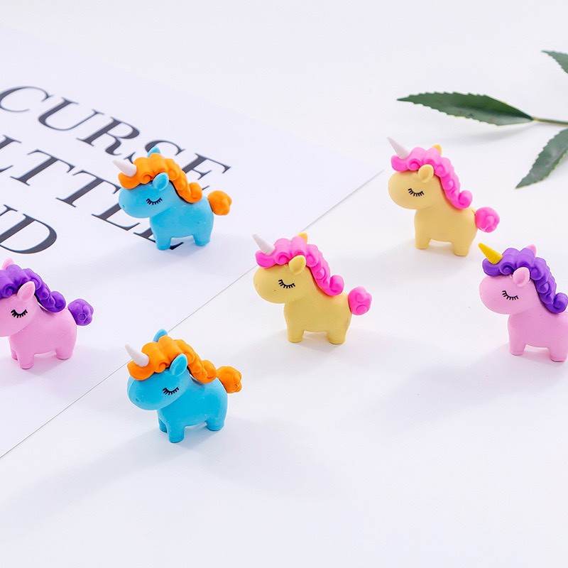 Sét 5 cái cục gom tẩy hình Unicorn dễ thương, nhiều màu sắc hấp dẫn, làm quà cho bé yêu.