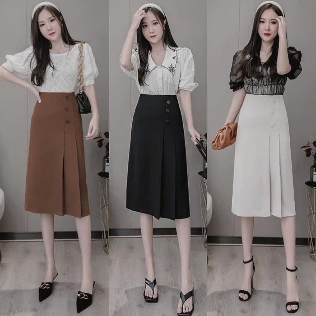 Chân Váy Chữ A Dáng Dài Công Sở Xếp Ly Phối 3 Cúc Siêu Đẹp | BigBuy360 - bigbuy360.vn