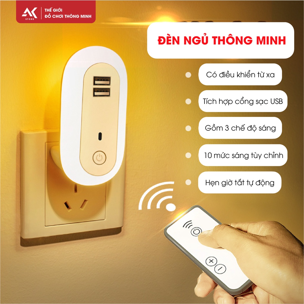 [ẢNH THẬT] Đèn Ngủ Thông Minh Có Cổng Sạc USB, 10 Cấp Độ Sáng, Điều Khiển Từ Xa Bằng Remote, Hẹn Giờ Tự Động