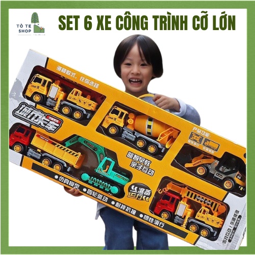 Combo 6 xe công trình siêu to cho bé, set 6 xe công trình chạy đà cỡ lớn, mô hình xe ủi, xe ben, xe cẩu, máy đào cho bé