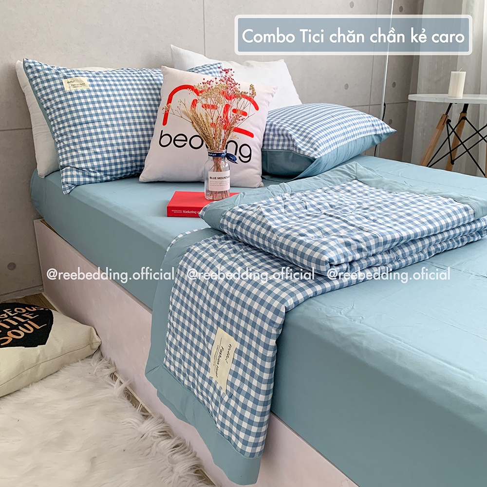 Bộ chăn ga gối Chần Bông Cotton TC REE Bedding caro xanh dương đủ size giường nệm CTC116