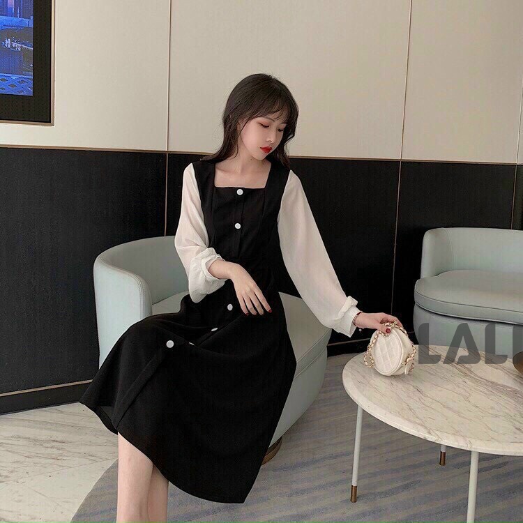 Đầm cổ vuông tay dài đính nút, đầm kiểu cổ vuông tay bồng đính nút LALI