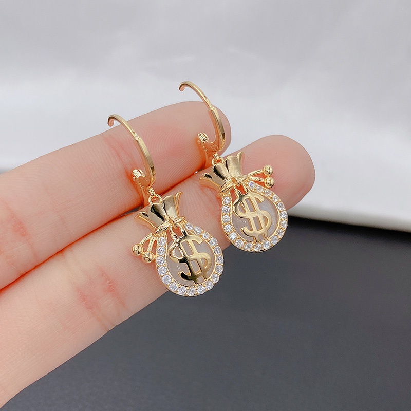 Khuyên Tai Tròn Đính Đá Lấp Lánh Hình Túi Tiền May Mắn Phong Cách Hàn Quốc