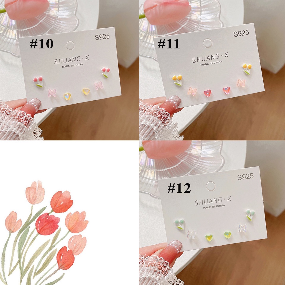 Set Bông tai,hoa tai, khuyên tai hoa Tulip, gấu, nơ, đào dễ thương phong cách Hàn Quốc