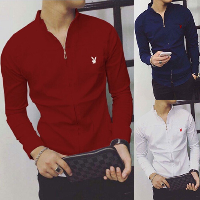 Áo sơ mi nam tay dài cổ trụ phối dây kéo bao sang size M L XL 2XL