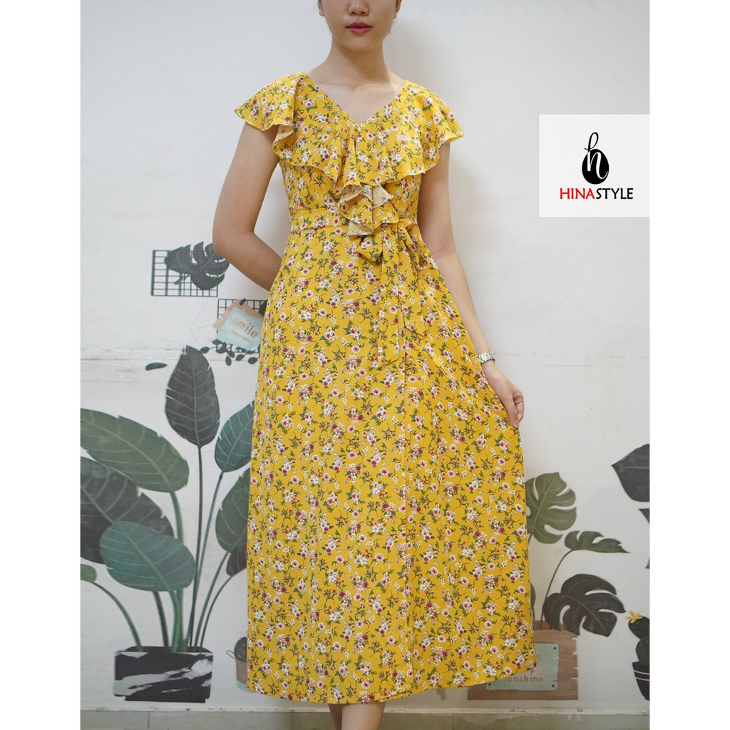 Đầm Hinastyle maxi vàng hoa hồng cột nơ eo
