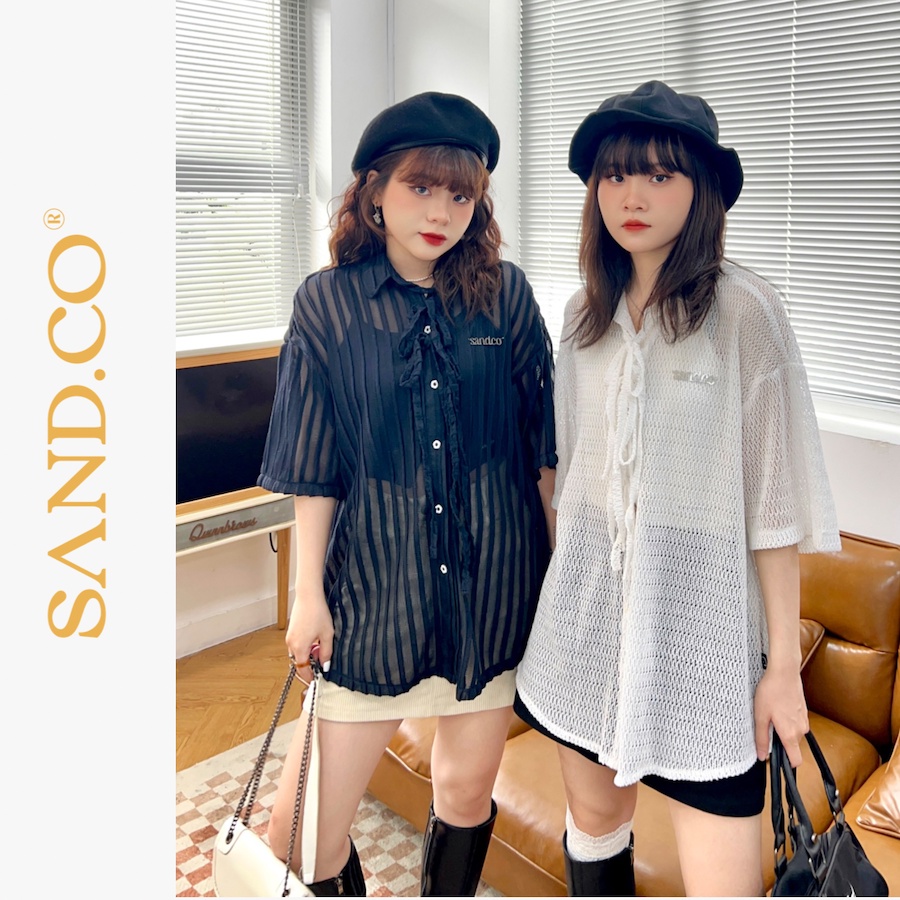 SAND áo sơ mi tay ngắn nữ form rộng có dây buộc cách điệu - S LACE-MESH SHIRT