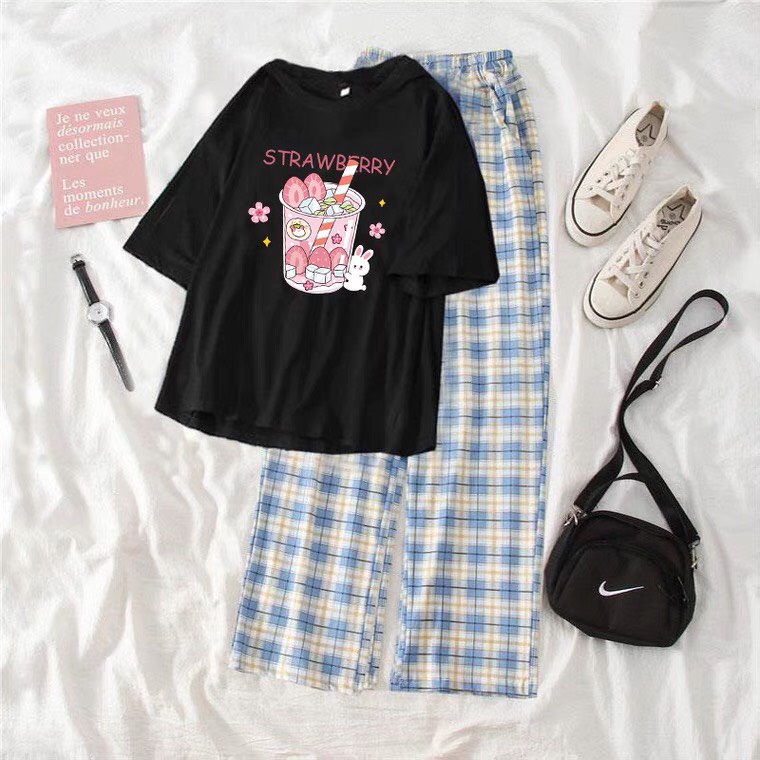 Sét Áo Nước dâu + quần kẻ xanh, Áo thun from rộng, Chất đẹp không xù, quần suông ống rộng, Sét bộ mặc ở nhà - MODY