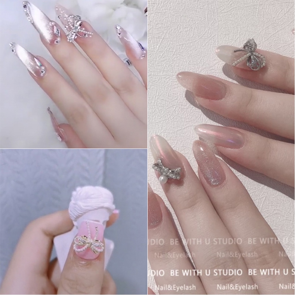 [Hàng mới về] 5 Trang sức trang trí móng tay hình nơ bằng hợp kim đính đá zircon giả nhiều màu tùy chọn