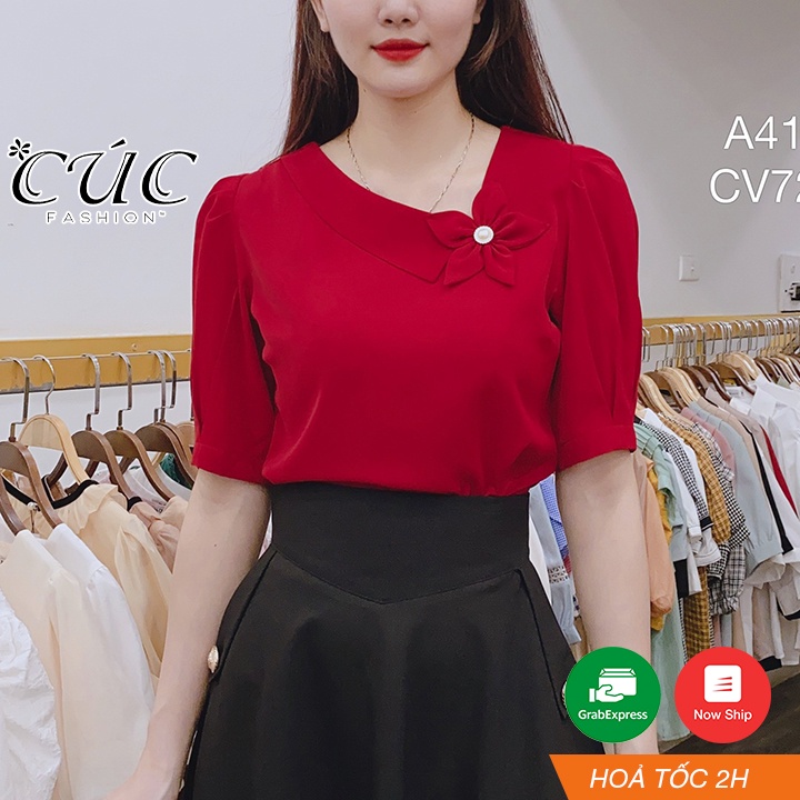 Áo sơ mi nữ tay lỡ cao cấp công sở Cúc Fashion A411 somi lụa hoa tay bồng