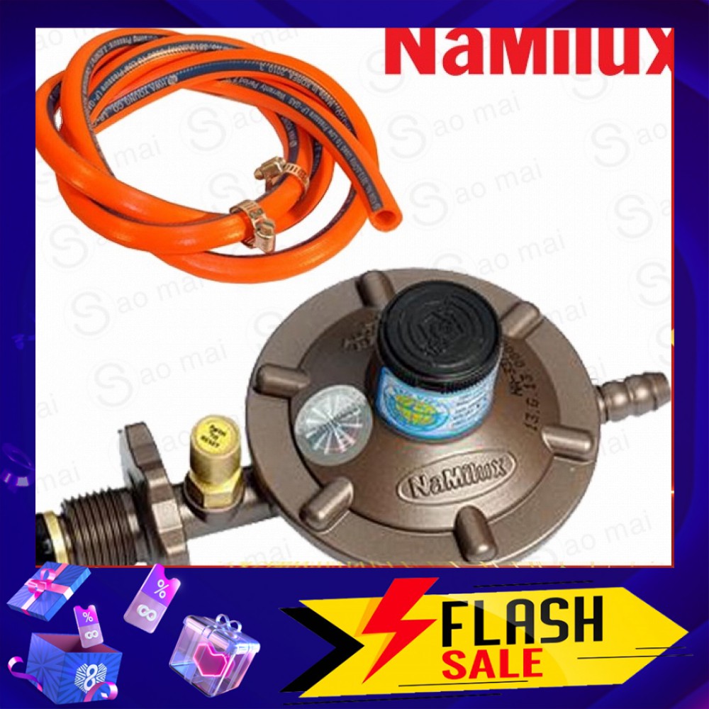 Bộ van điều áp ngắt gas tự động Namilux và 1,5m dây gas 3 lớp màu cam