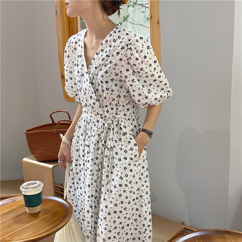 Đầm Maxi 35109 Cổ Chữ V Tay Phồng In Hoa Xinh Xắn Hợp Thời Trang