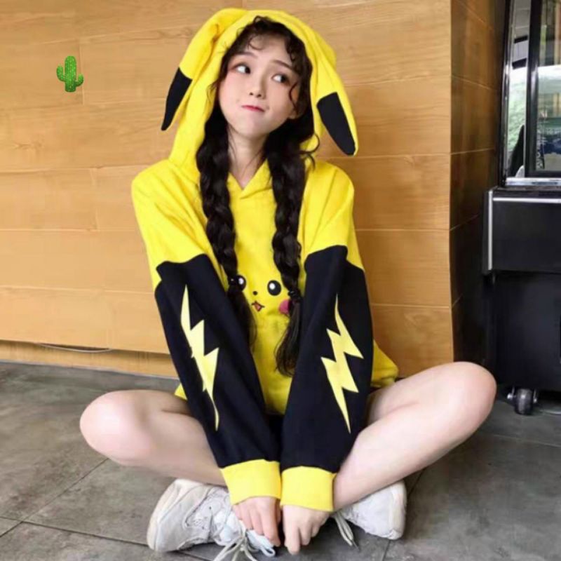 Áo hoodie unisex nam nữ chất nỉ ngoại,Áo chui đầu có túi form rộng in hoạt hình pikachu dễ thương