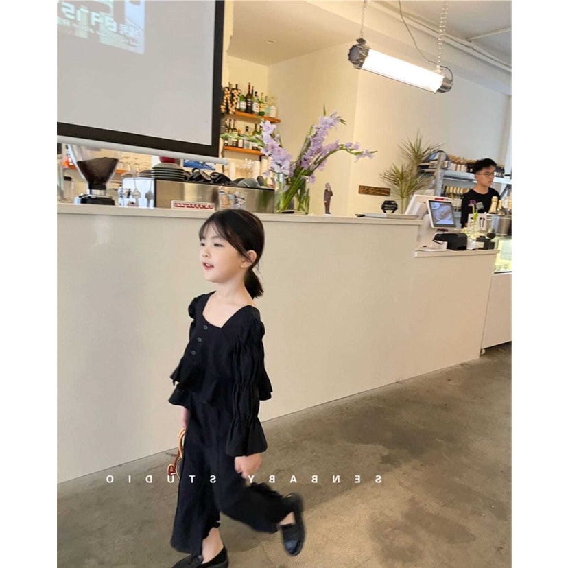 [Babycat] Hàng Có Sẵn Bộ Áo Cổ Vuông + Quần Ống Loe Phong Cách Hàn Quốc Nhật Bản Thời Trang Mùa Thu Tinh Tế Cho Bé Gái