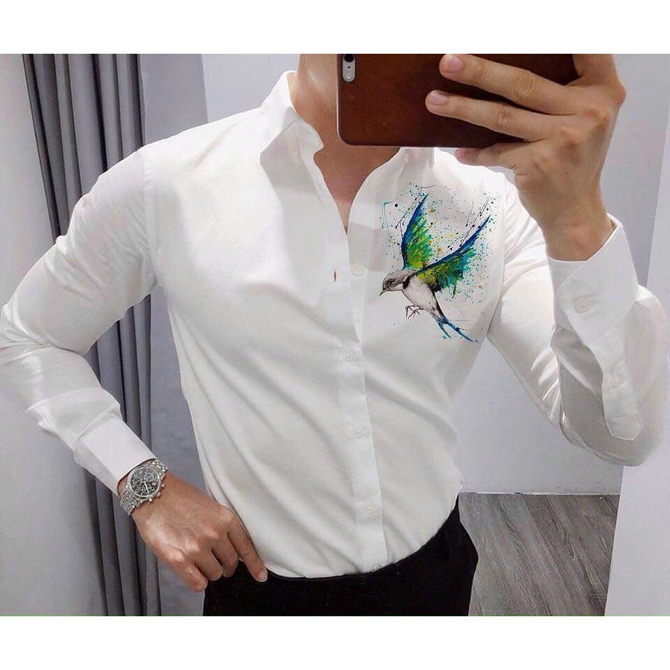 Áo sơ mi nam trắng 💝FREESHIP💝 Áo sơ mi nam đẹp 💝 họa tiết chim sơn ca xanh trước ngực thoáng mát, không nhăn ADam