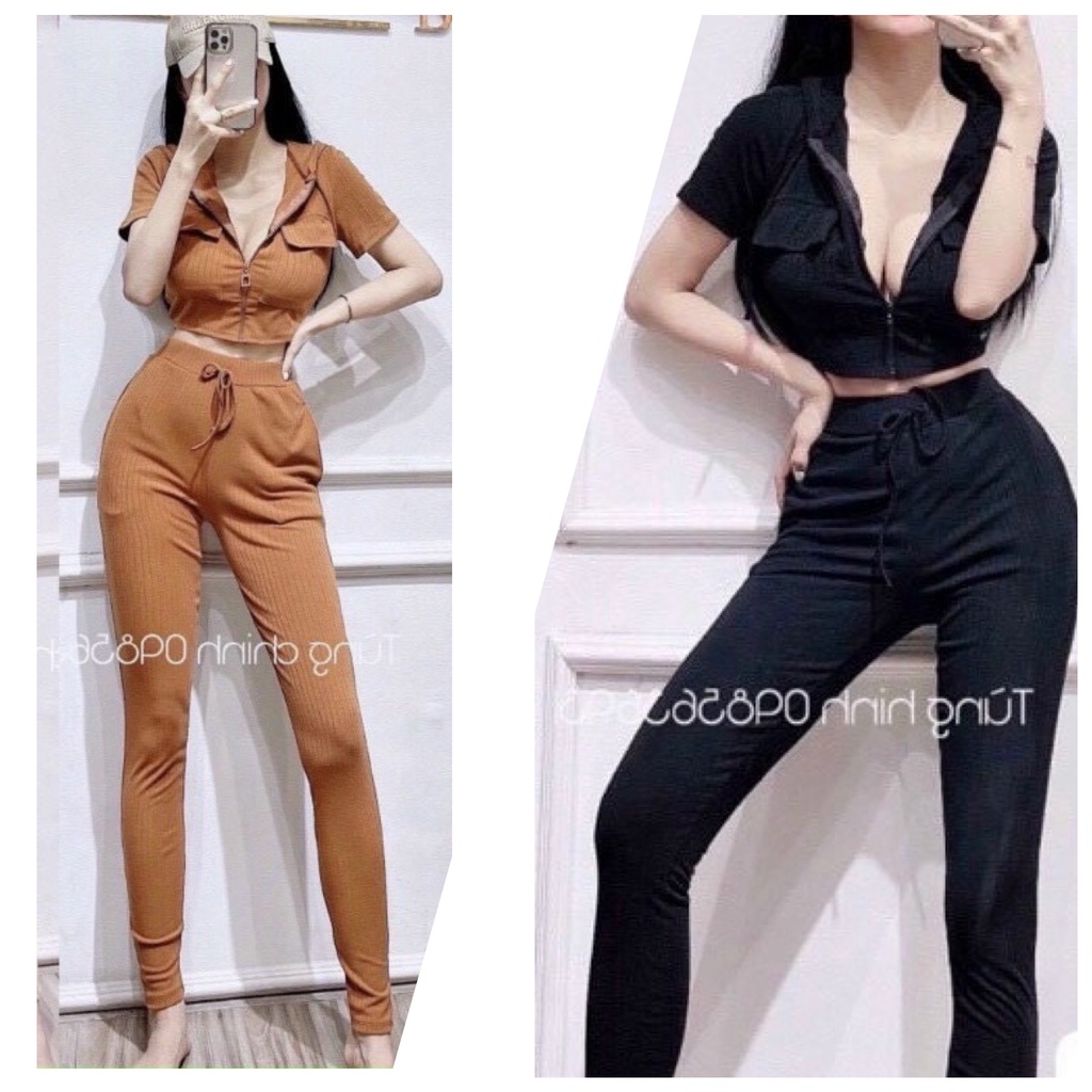 Set bộ áo croptop tay ngắn + Quần dài lưng cao tôn dáng