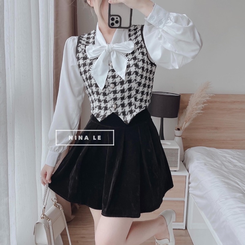 Set áo gile( 2lớp) phối sơ mi kèm chân váy