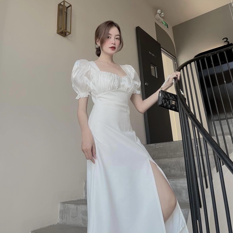 Đầm midi trắng xẻ tà tôn dáng