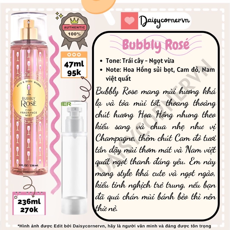 Bubbly Rose - Xịt thơm toàn thân Body Mist Bath and Body Works