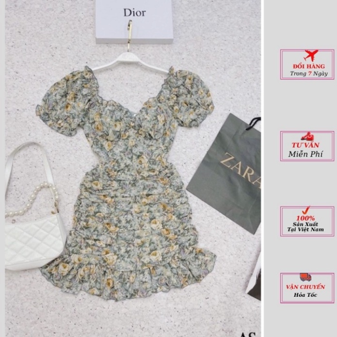Váy voan hoa nhí hai lớp nhúm cổ vuông tay phồng có lót ngực màu xanh hàng cao cấp phong cách thời trang YoLo-Fashion -