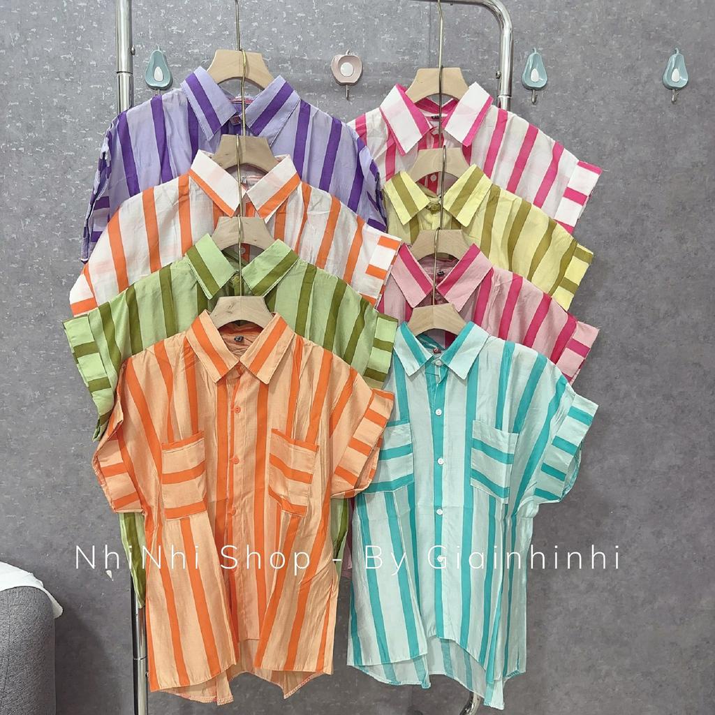 Áo sơ mi sọc to tay hến 2 túi, Sơ mi nữ dáng rộng cộc tay SM076 - NhiNhi Shop