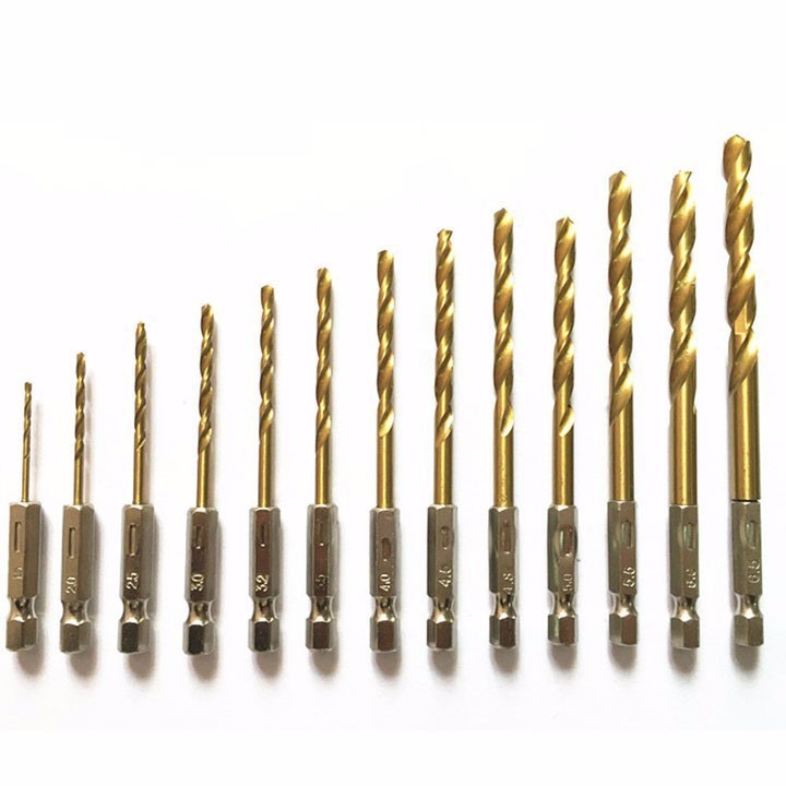 Bộ 13 mũi khoan gỗ,nhôm,mica,nhựa xoắn chuôi lục 6.35 từ 1.5-6.5mm