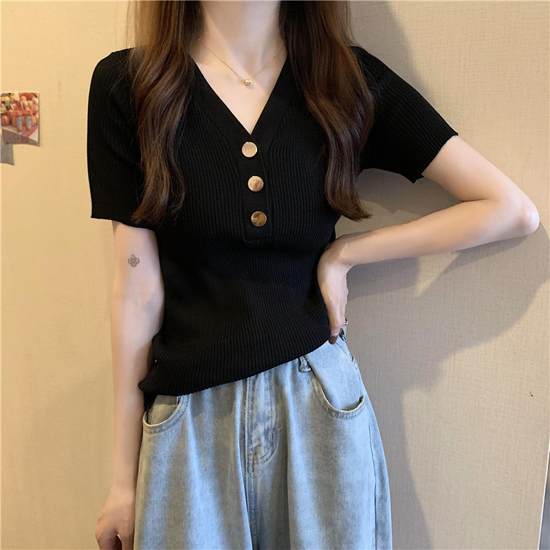 Áo thun dệt kim ngắn tay cổ V thời trang trẻ trung dành cho nữ