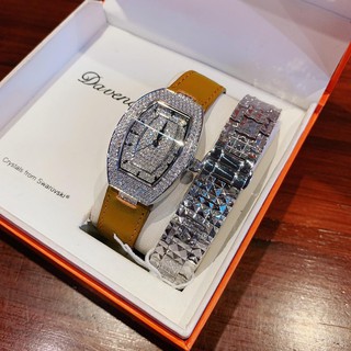 Set Đồng Hồ Davena Nữ Mặt Oval Full Đá 34mm Silver Authentic