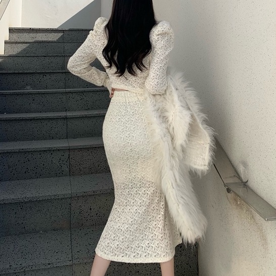 Set áo khoác tay dài phối ren và chân váy lưng cao thời trang thu đông phong cách Hàn Quốc cho nữ
