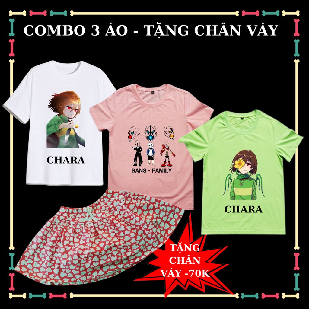 Tặng chân váy bé gái trị giá 70k- Combo Áo Chara, Sans, Hero Team, Baby Shark tay ngắn cho trẻ em