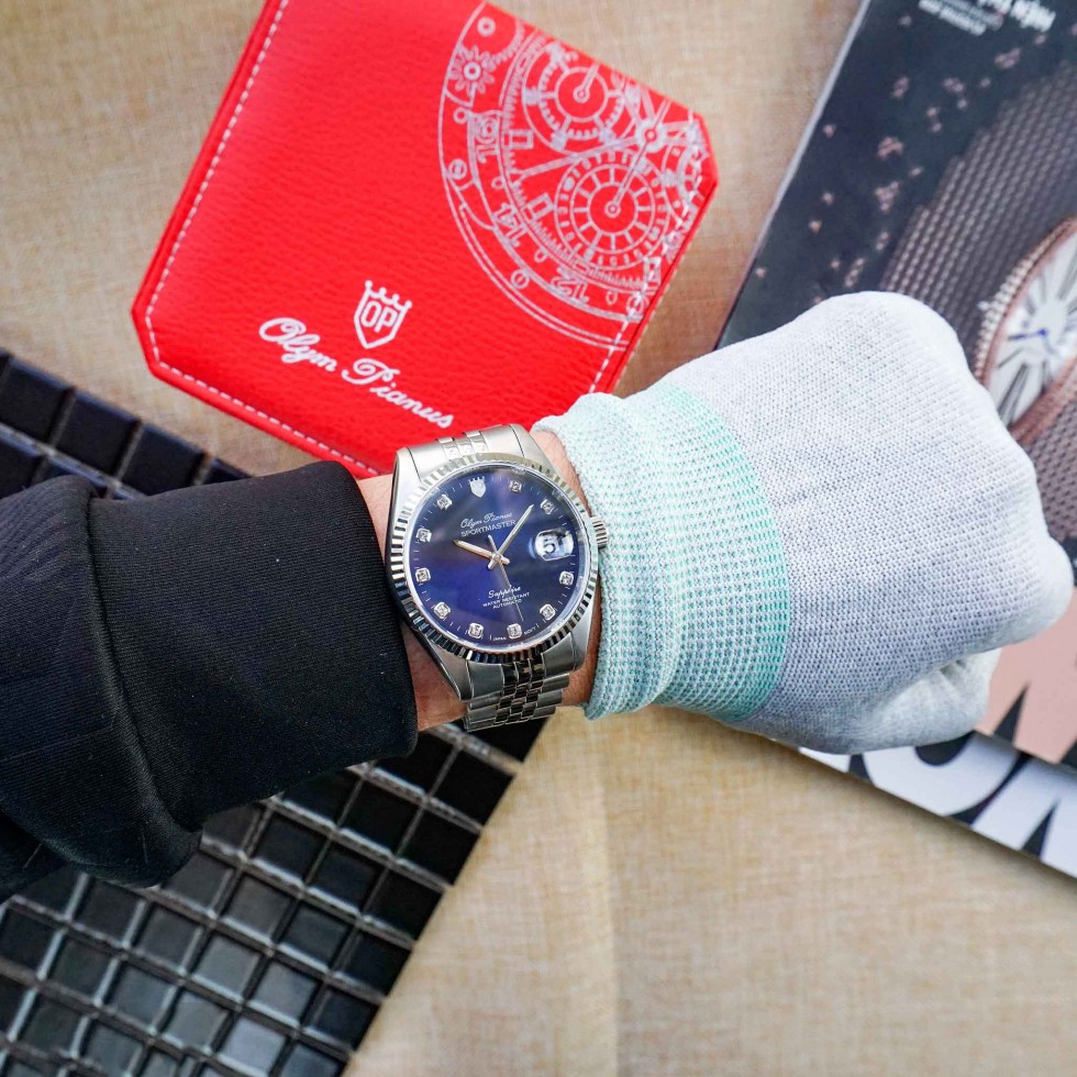 Đồng hồ nam dây kim loại mặt kính sapphire automatic Olym Pianus OP89322 OP89322AGS xanh dương