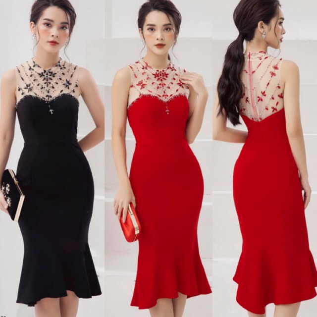 ĐẦM THUN ÔM THIẾT KỂ CÚP NGỰC ĐUÔI CÁ PHỐI LƯỚI ĐÍNH HẠT (CÓ NHIỀU SIZE)